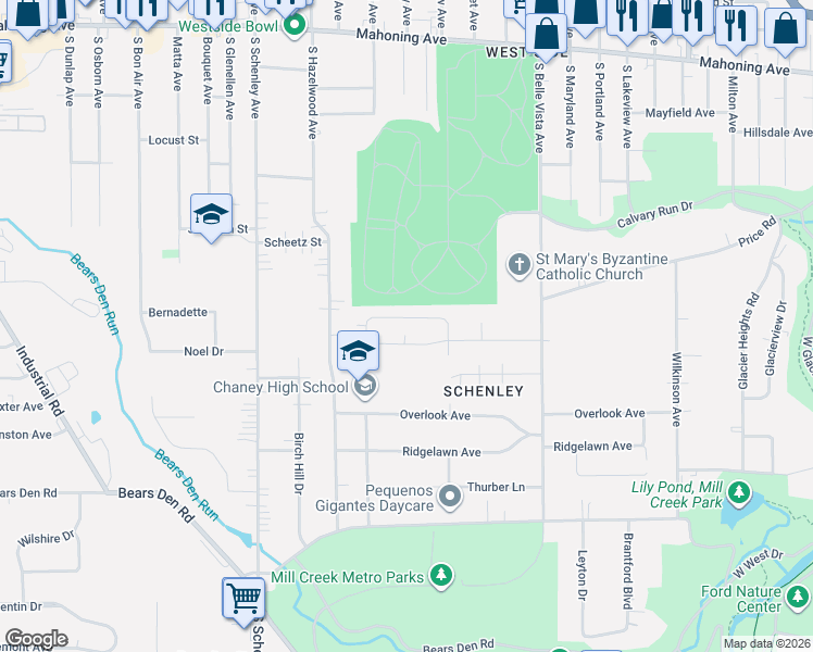 map of restaurants, bars, coffee shops, grocery stores, and more near 2447 Chaney Cir in Youngstown