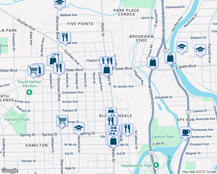 map of restaurants, bars, coffee shops, grocery stores, and more near 2021 North Wells Street in Fort Wayne