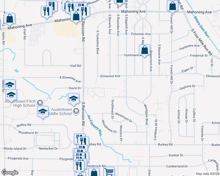 map of restaurants, bars, coffee shops, grocery stores, and more near 452 Southward Drive in Youngstown
