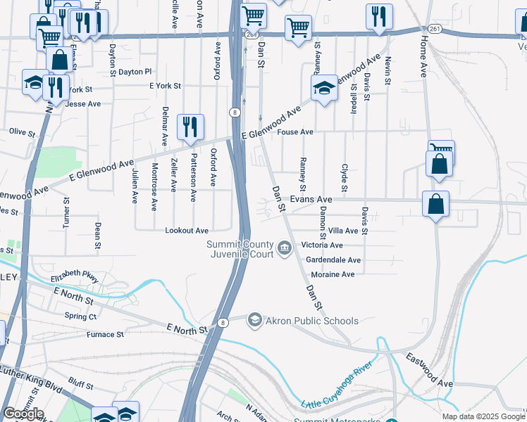 map of restaurants, bars, coffee shops, grocery stores, and more near 730 Pine Knolls Drive in Akron