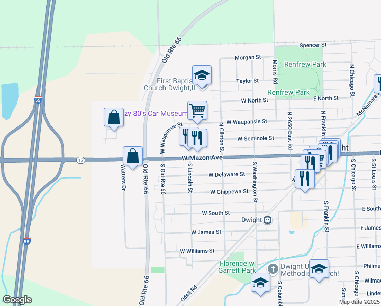 map of restaurants, bars, coffee shops, grocery stores, and more near 326 West Mazon Avenue in Dwight