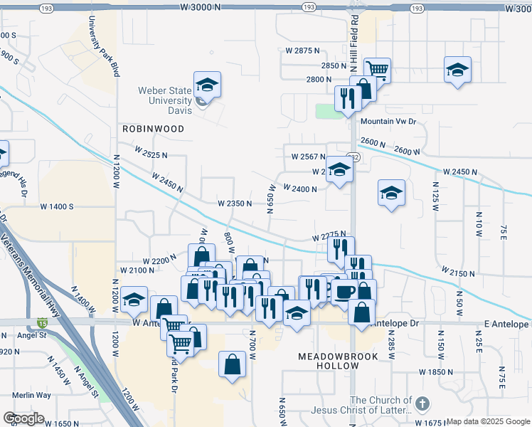 map of restaurants, bars, coffee shops, grocery stores, and more near 2339 North 675 West in Layton