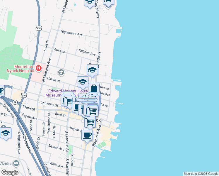 map of restaurants, bars, coffee shops, grocery stores, and more near 104 Gedney Street in Nyack