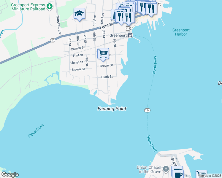 map of restaurants, bars, coffee shops, grocery stores, and more near 150 5th Street in Greenport