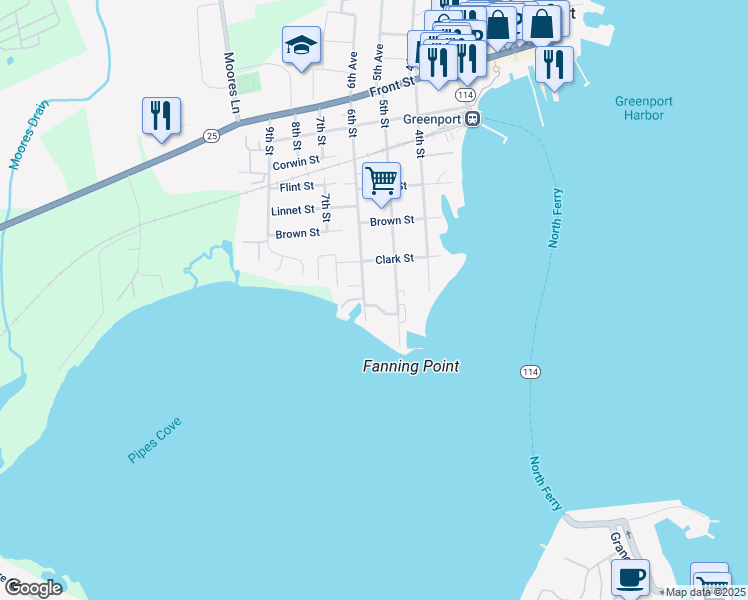 map of restaurants, bars, coffee shops, grocery stores, and more near 145 5th Street in Greenport