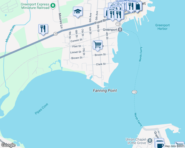 map of restaurants, bars, coffee shops, grocery stores, and more near 131 6th Street in Greenport