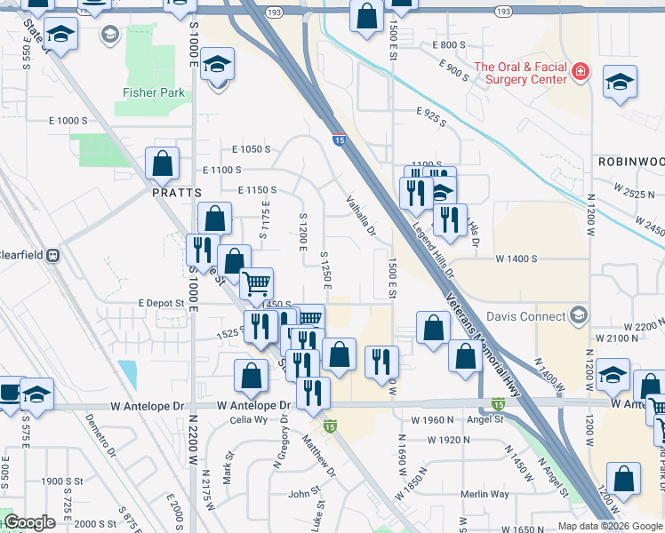 map of restaurants, bars, coffee shops, grocery stores, and more near 1415 South 1250 East in Clearfield