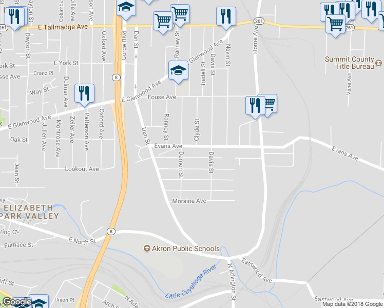 map of restaurants, bars, coffee shops, grocery stores, and more near 629 Hollibaugh Avenue in Akron