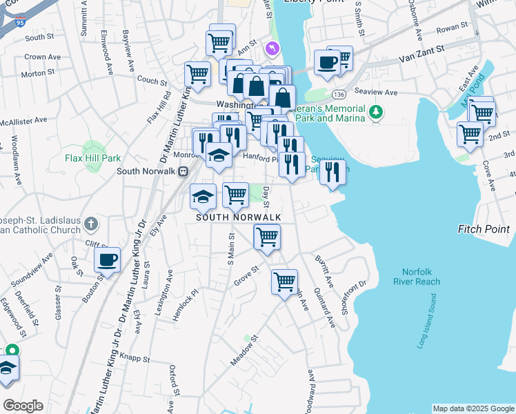 map of restaurants, bars, coffee shops, grocery stores, and more near 49 Day Street in Norwalk