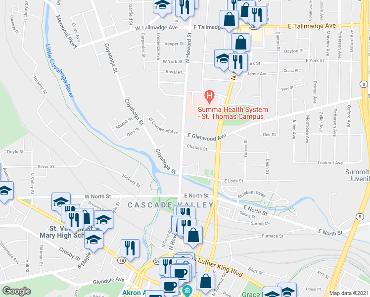 map of restaurants, bars, coffee shops, grocery stores, and more near 325 North Howard Street in Akron