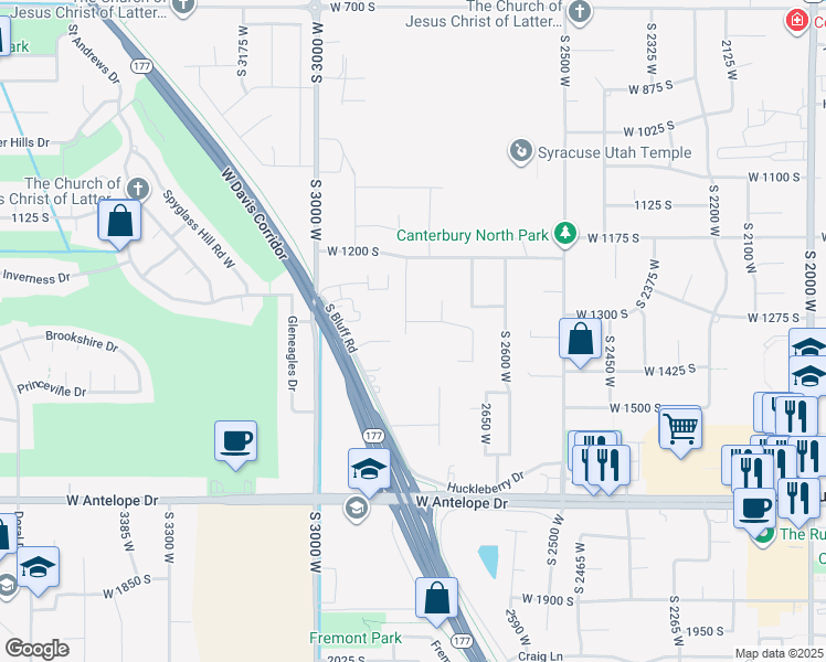 map of restaurants, bars, coffee shops, grocery stores, and more near 1337 2800 West in Syracuse