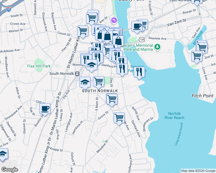 map of restaurants, bars, coffee shops, grocery stores, and more near 49 Day Street in Norwalk