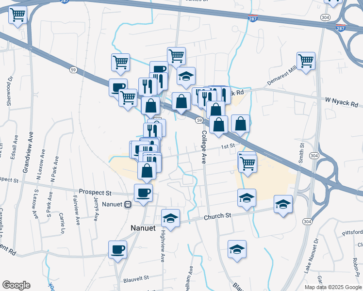 map of restaurants, bars, coffee shops, grocery stores, and more near 25 Normandy Village in Nanuet