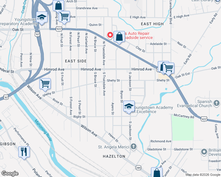map of restaurants, bars, coffee shops, grocery stores, and more near 138 Ayers Street in Youngstown