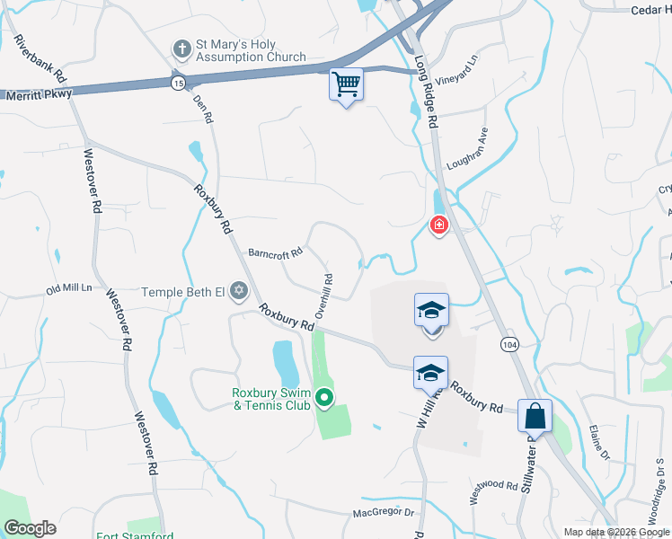 map of restaurants, bars, coffee shops, grocery stores, and more near 57 Overhill Road in Stamford