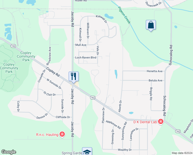 map of restaurants, bars, coffee shops, grocery stores, and more near 1219 Meadow Run in Copley