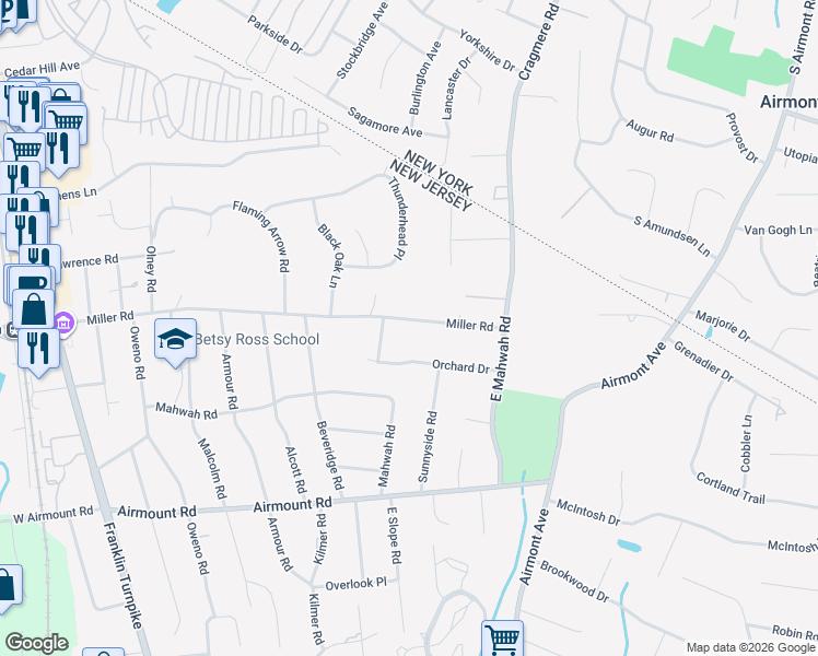 map of restaurants, bars, coffee shops, grocery stores, and more near 250 Miller Road in Mahwah