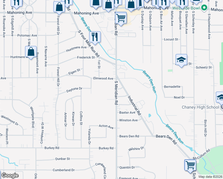 map of restaurants, bars, coffee shops, grocery stores, and more near 554 South Meridian Road in Youngstown