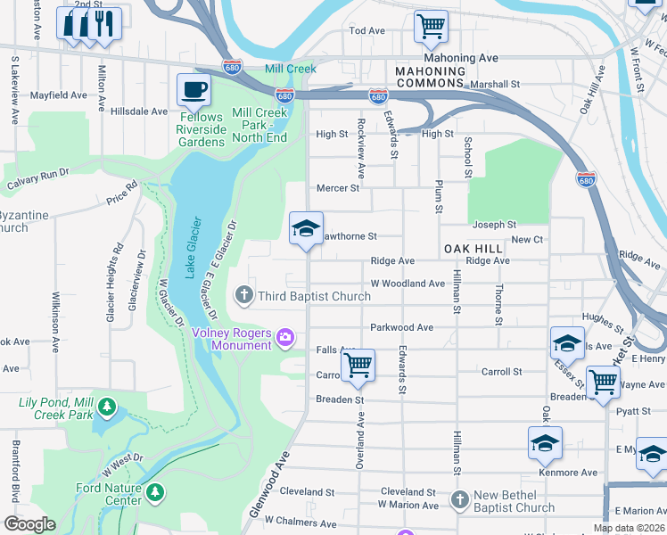 map of restaurants, bars, coffee shops, grocery stores, and more near 1034 West Woodland Avenue in Youngstown