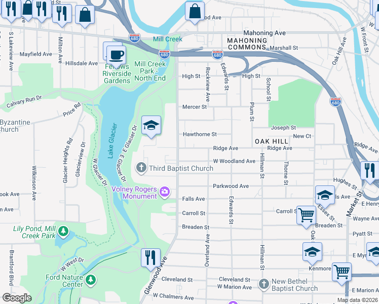map of restaurants, bars, coffee shops, grocery stores, and more near 1034 West Woodland Avenue in Youngstown