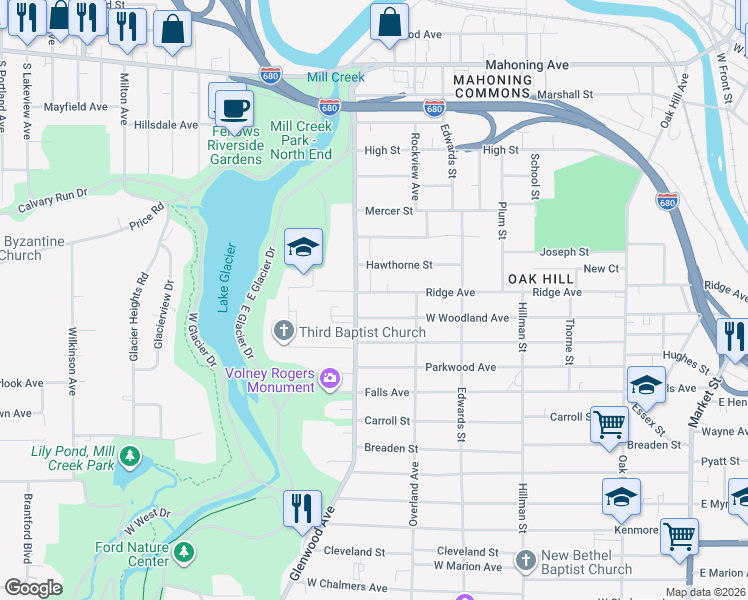 map of restaurants, bars, coffee shops, grocery stores, and more near 1034 West Woodland Avenue in Youngstown