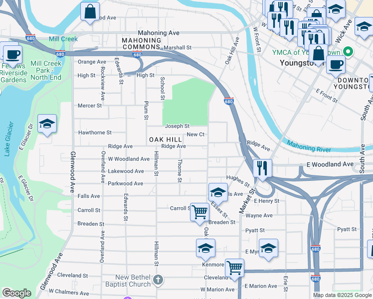map of restaurants, bars, coffee shops, grocery stores, and more near 534 West Woodland Avenue in Youngstown