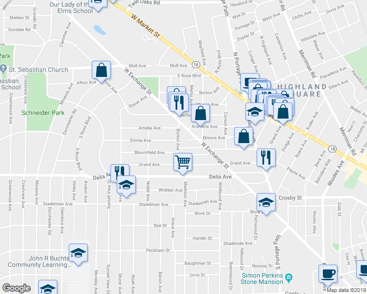 map of restaurants, bars, coffee shops, grocery stores, and more near 291 Gordon Drive in Akron