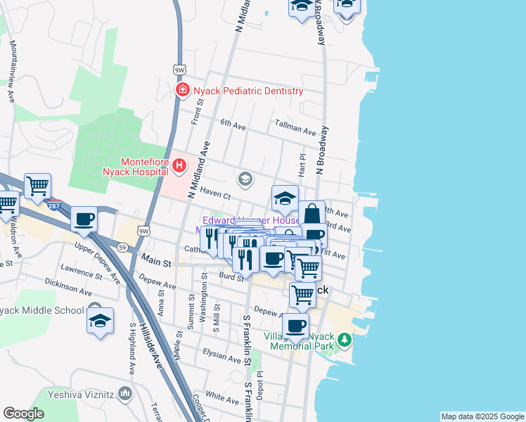 map of restaurants, bars, coffee shops, grocery stores, and more near 94 North Franklin Street in Nyack