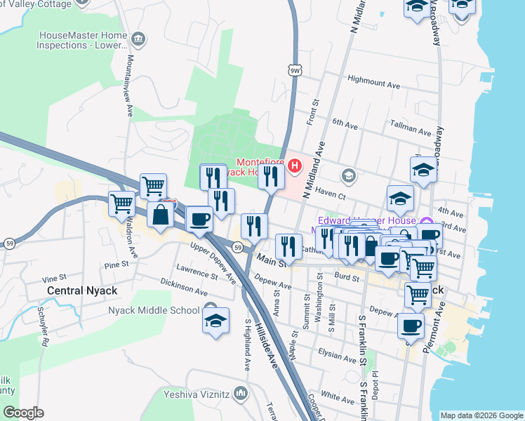 map of restaurants, bars, coffee shops, grocery stores, and more near 73 North Highland Avenue in Nyack