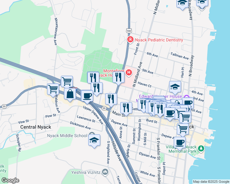 map of restaurants, bars, coffee shops, grocery stores, and more near 73 North Highland Avenue in Nyack
