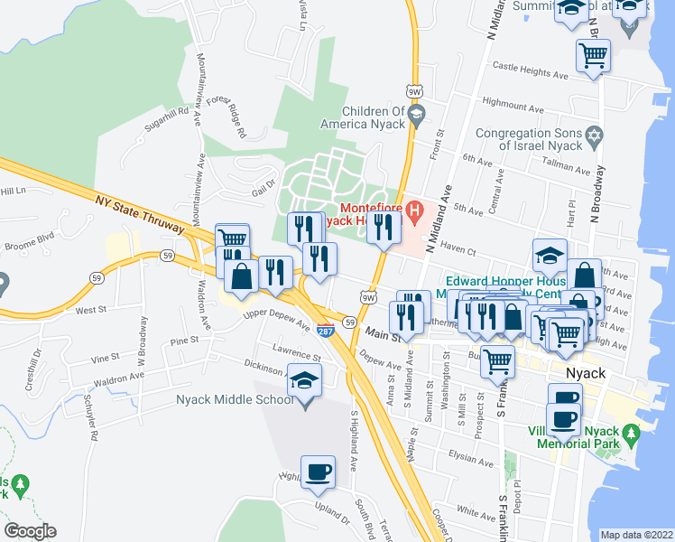 map of restaurants, bars, coffee shops, grocery stores, and more near 273 High Avenue in Nyack