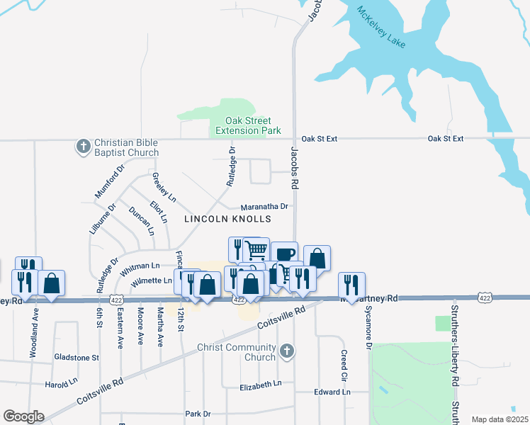 map of restaurants, bars, coffee shops, grocery stores, and more near 114 Gluck Street in Youngstown