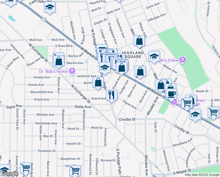 map of restaurants, bars, coffee shops, grocery stores, and more near 120 Grand Avenue in Akron