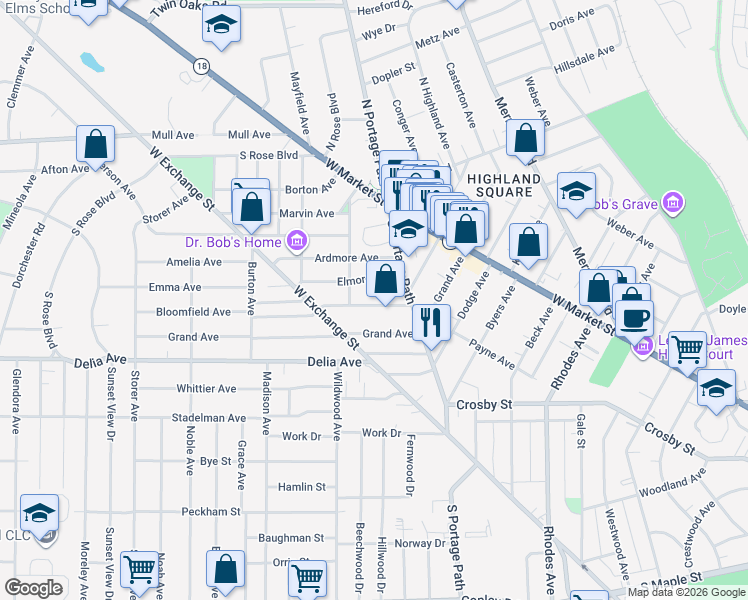 map of restaurants, bars, coffee shops, grocery stores, and more near 826 Bloomfield Avenue in Akron
