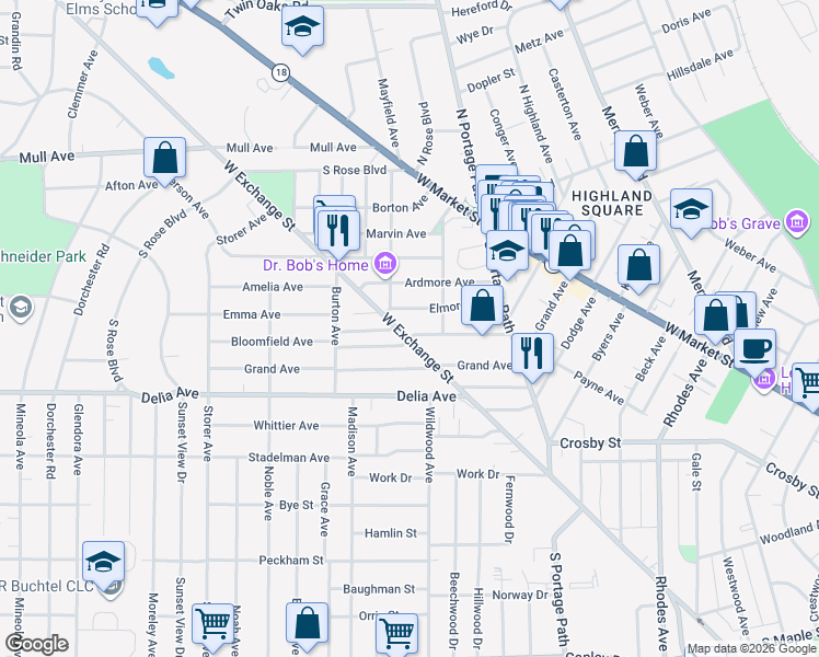 map of restaurants, bars, coffee shops, grocery stores, and more near 911 Bloomfield Avenue in Akron