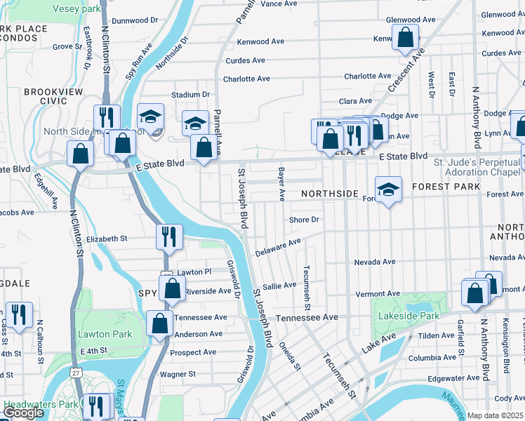 map of restaurants, bars, coffee shops, grocery stores, and more near 2002 Hillside Avenue in Fort Wayne
