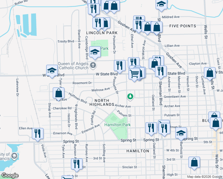 map of restaurants, bars, coffee shops, grocery stores, and more near 1418 Margaret Ave in Fort Wayne
