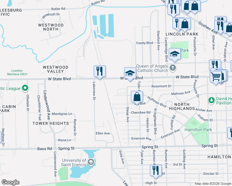 map of restaurants, bars, coffee shops, grocery stores, and more near 2109 Huffman Boulevard in Fort Wayne