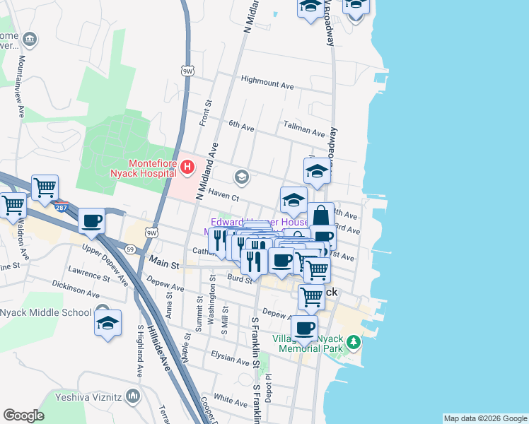 map of restaurants, bars, coffee shops, grocery stores, and more near 24 Duryea Place in Nyack