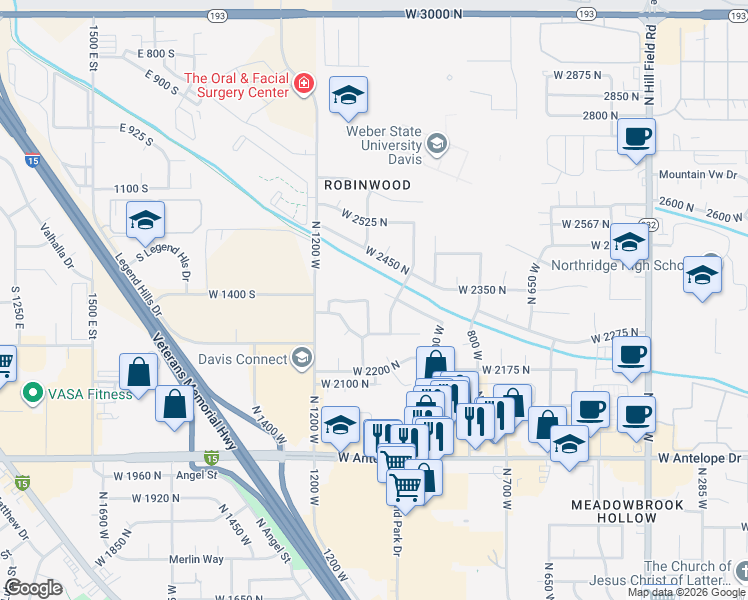 map of restaurants, bars, coffee shops, grocery stores, and more near 2320 North 1085 West in Layton