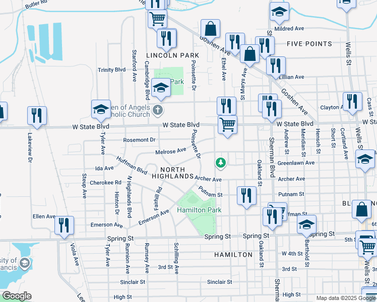 map of restaurants, bars, coffee shops, grocery stores, and more near 1418 Margaret Ave in Fort Wayne