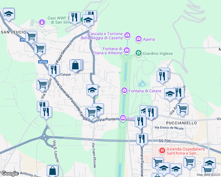 map of restaurants, bars, coffee shops, grocery stores, and more near 34 Via Gerusalemme in Caserta