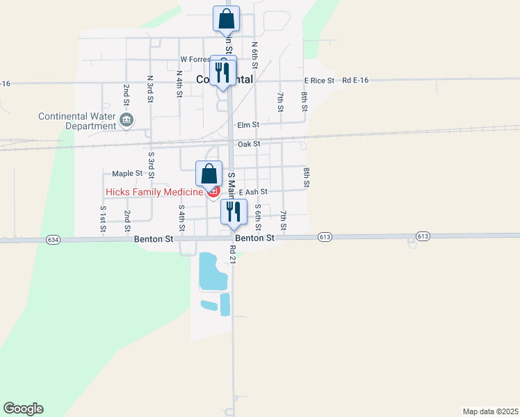 map of restaurants, bars, coffee shops, grocery stores, and more near 201 East Sugar Street in Continental