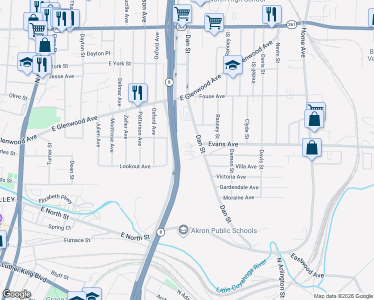 map of restaurants, bars, coffee shops, grocery stores, and more near 740 Pine Knolls Drive in Akron
