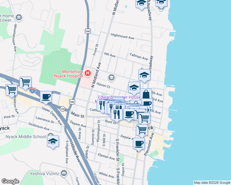 map of restaurants, bars, coffee shops, grocery stores, and more near 6 Sickles Avenue in Nyack