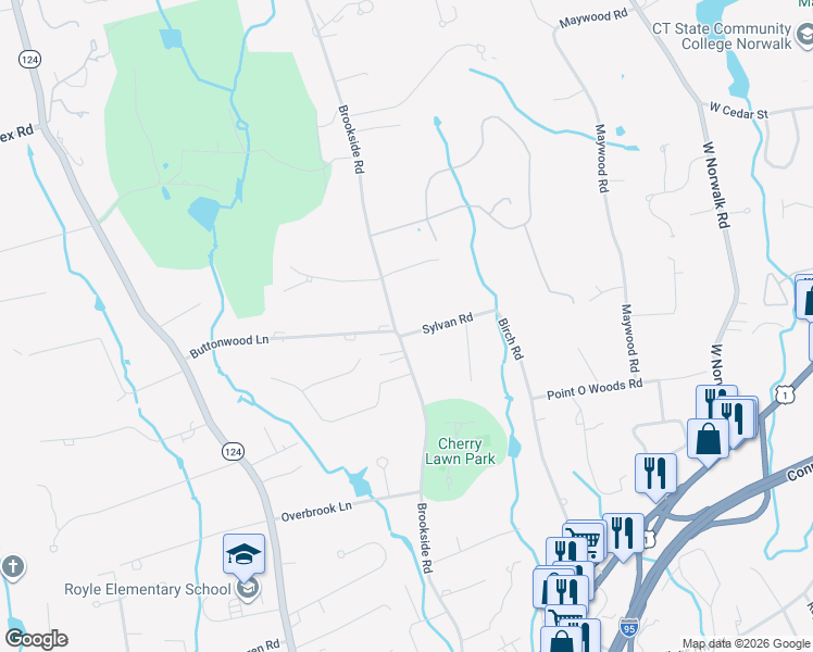 map of restaurants, bars, coffee shops, grocery stores, and more near 3 Sylvan Road in Darien