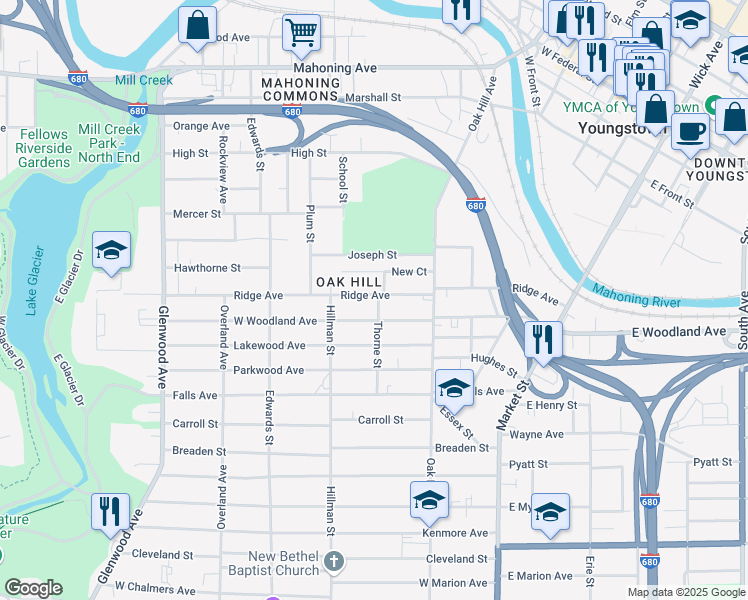 map of restaurants, bars, coffee shops, grocery stores, and more near 603 Ridge Avenue in Youngstown