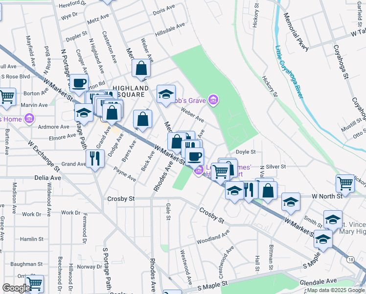 map of restaurants, bars, coffee shops, grocery stores, and more near 24 Mount View Avenue in Akron