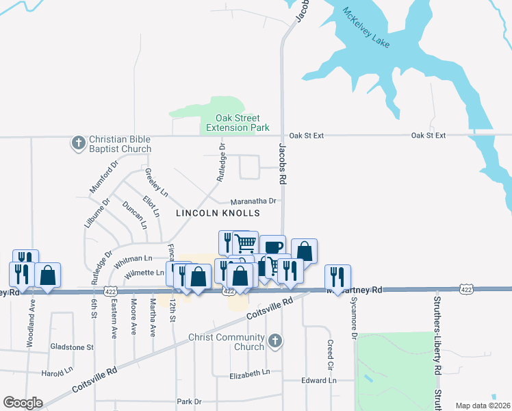 map of restaurants, bars, coffee shops, grocery stores, and more near 114 Gluck Street in Youngstown