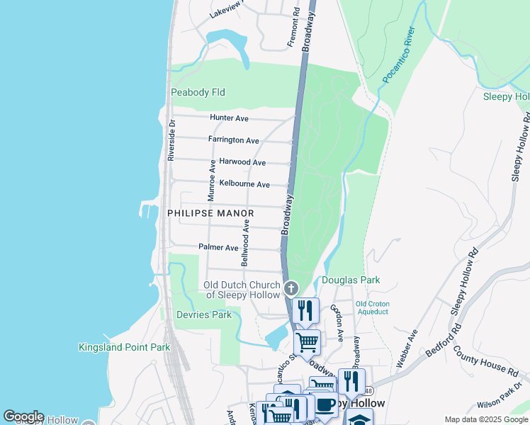 map of restaurants, bars, coffee shops, grocery stores, and more near 11 Highland Avenue in Sleepy Hollow